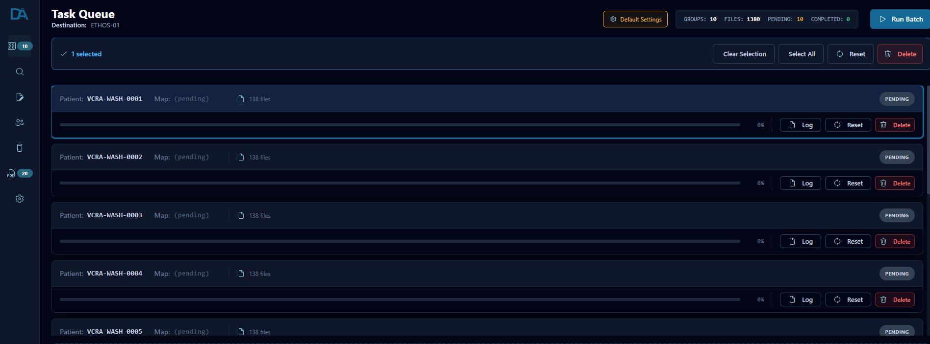 DICOMAnon task queue showing batch processing of multiple patients